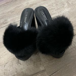 Fluffy block heel platform shoe in black SZ 9